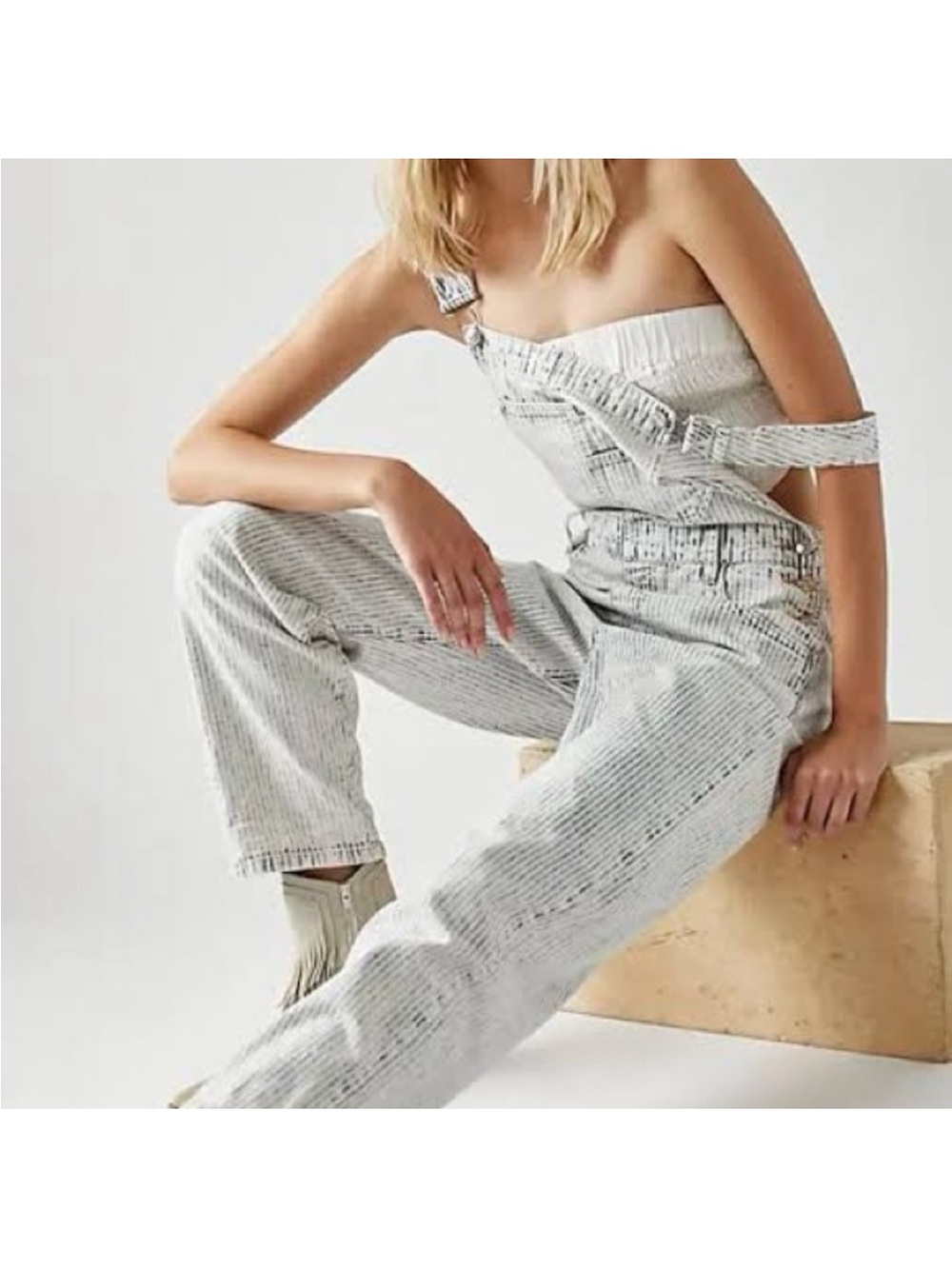 Free People We The Free Ziggy Railroad Stripe Overalls Size Medium Acid Wash
